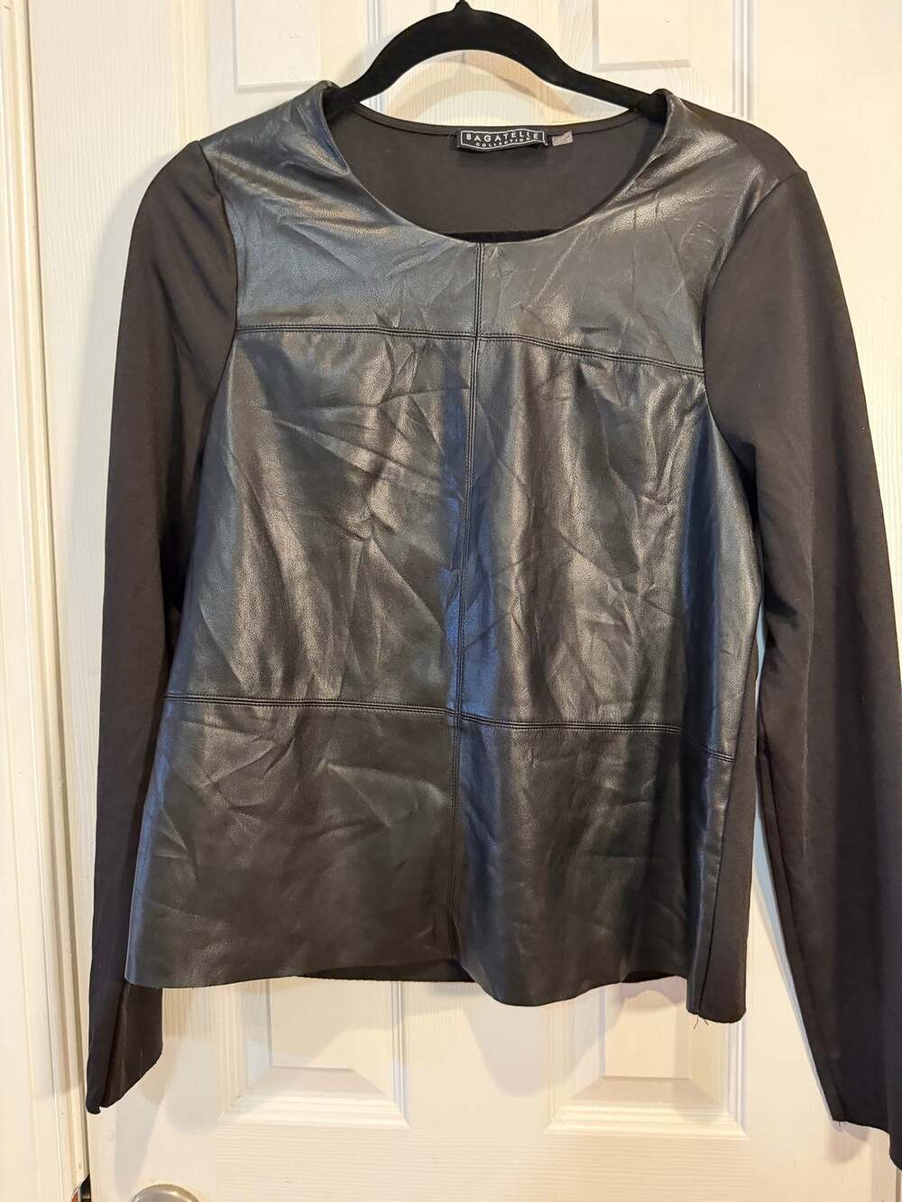 Bagatelle Collection Black Leather Front Ponte Long Sleeve Top M
